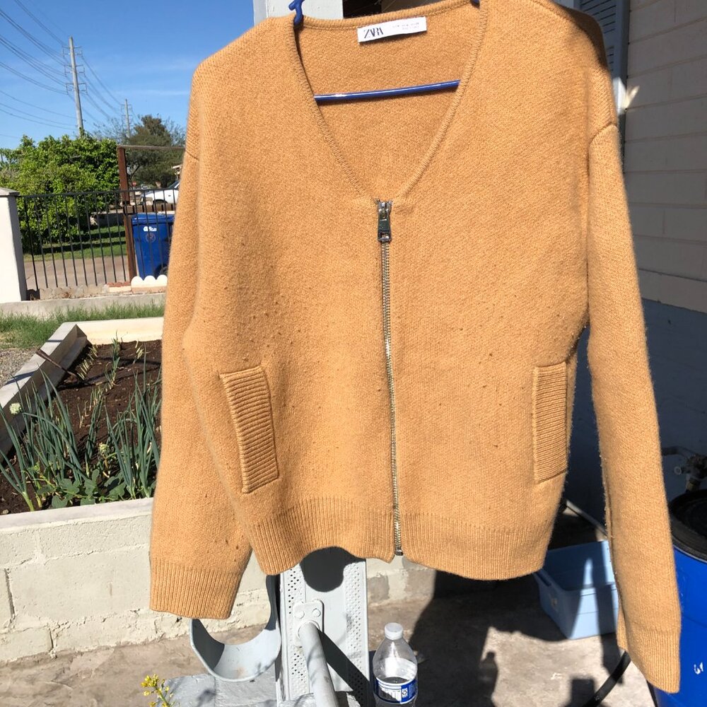 Zara 100% Wool Knit Bomber Jacket Camel Brown Zip Cardigan Size M